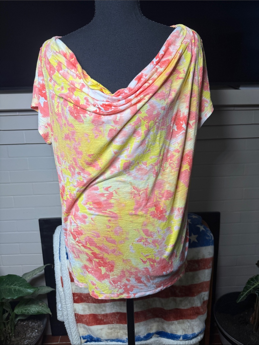 Essentials Tie-Dye Draped Cowl Neck Top in Yellow & Pink